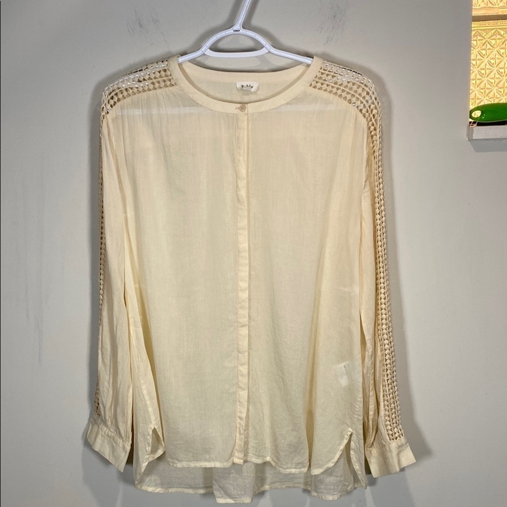 Pablo Cream Relaxed 100% Cotton Button Down Blouse Crocheted- French Importation - Picture 2 of 9
